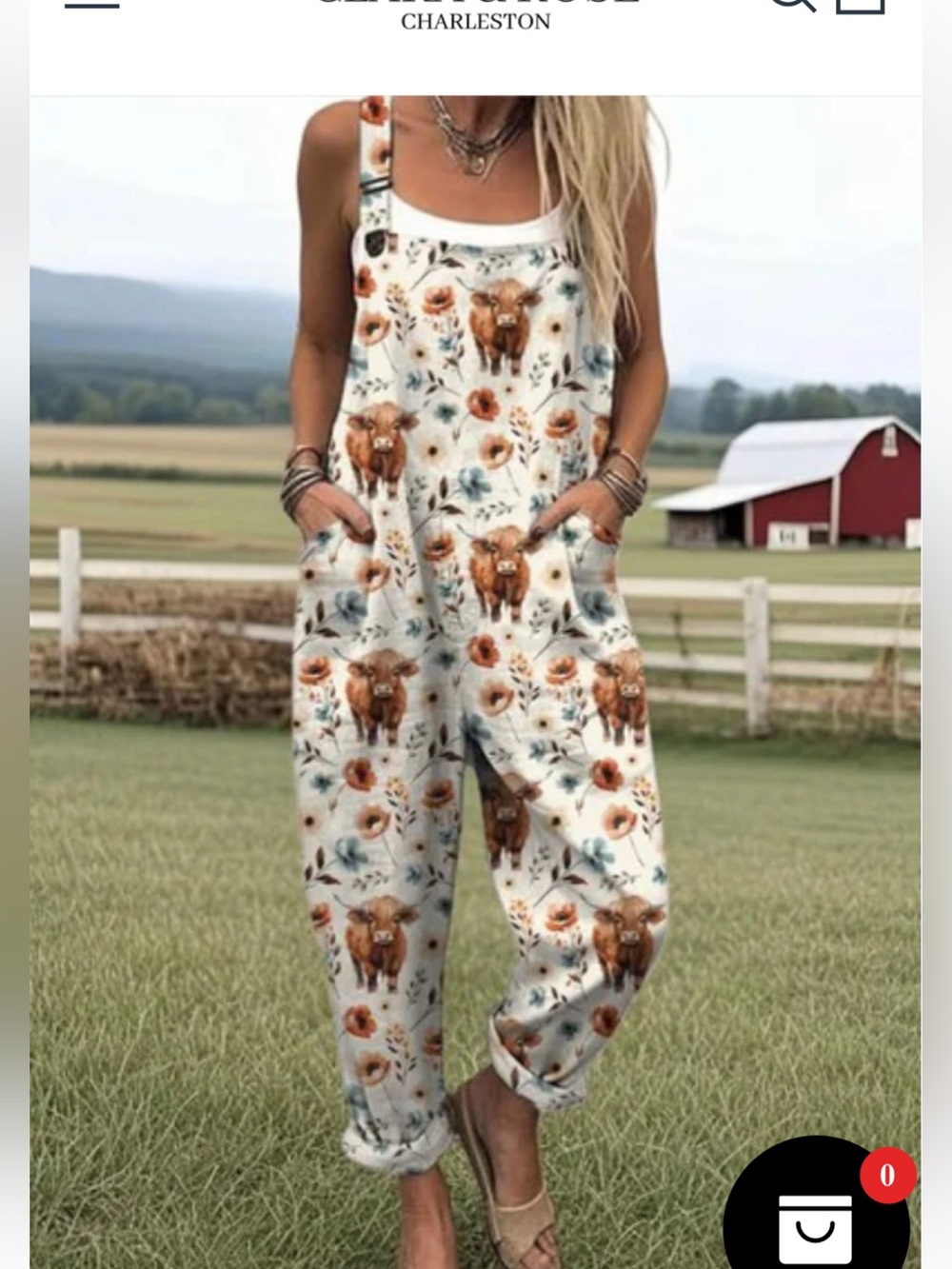 overalls feature a distinct white base with an all-over print of Highland cows